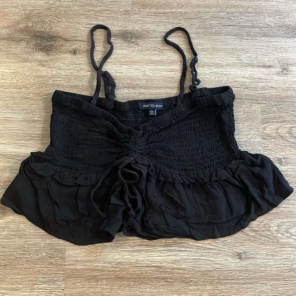 Heart & Hips Black Smocked Crop Spaghetti Strap Peplum Top with Cinched Detail
